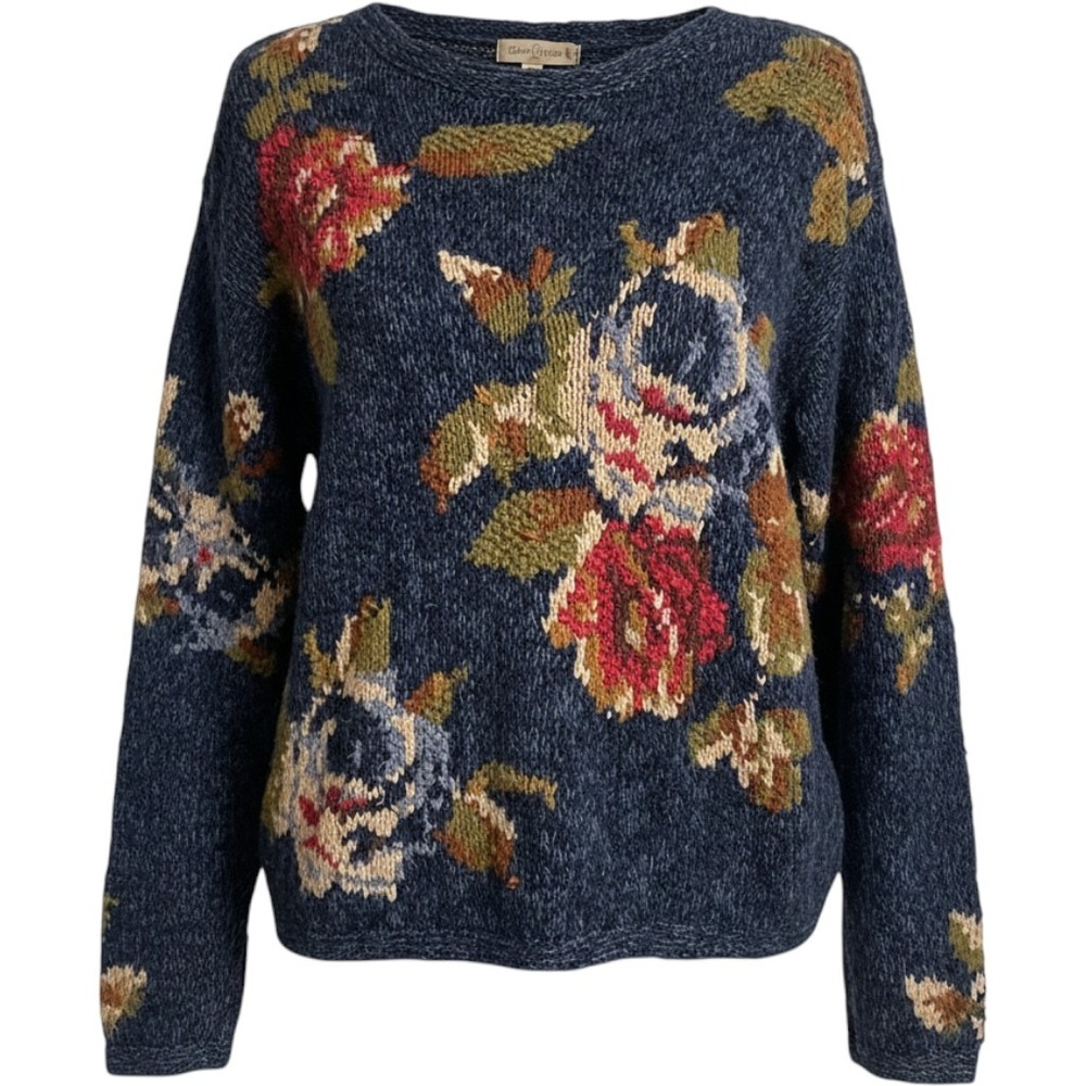 Vintage 90s Liz Claiborne Floral Tapestry Knit Sweater Women's Medium